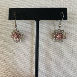 Filigree earrings, pink crystal